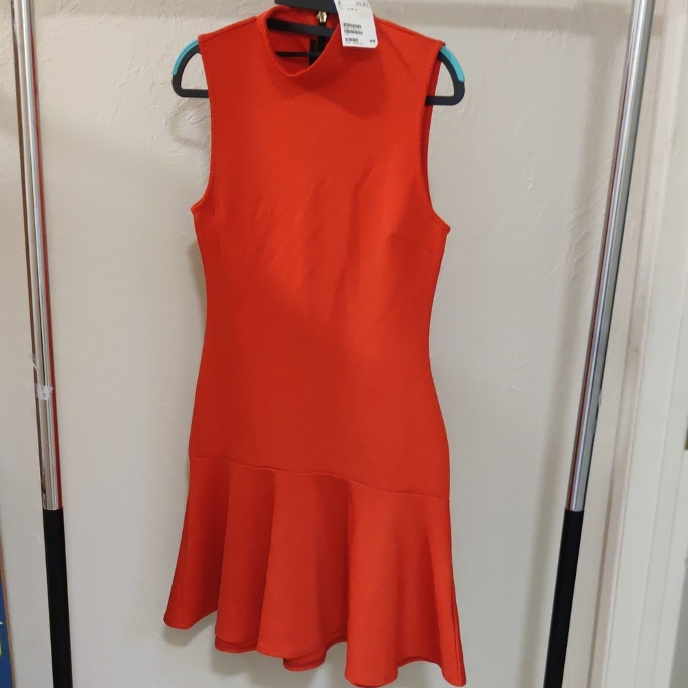 NEW H&M Bright Red Sleeveless Halter Flared  Dress Zipper Stretchy Size S
